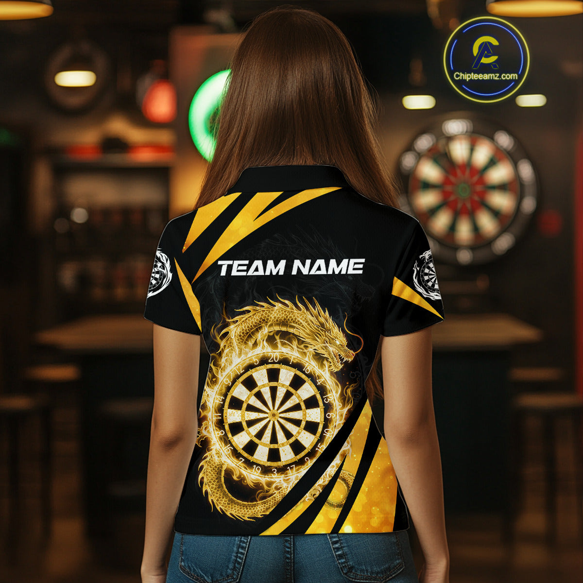Gold Flames Dragon Dartboard Women Darts Polo Shirt Custom Dragon Team Dart League Shirt NYN2068