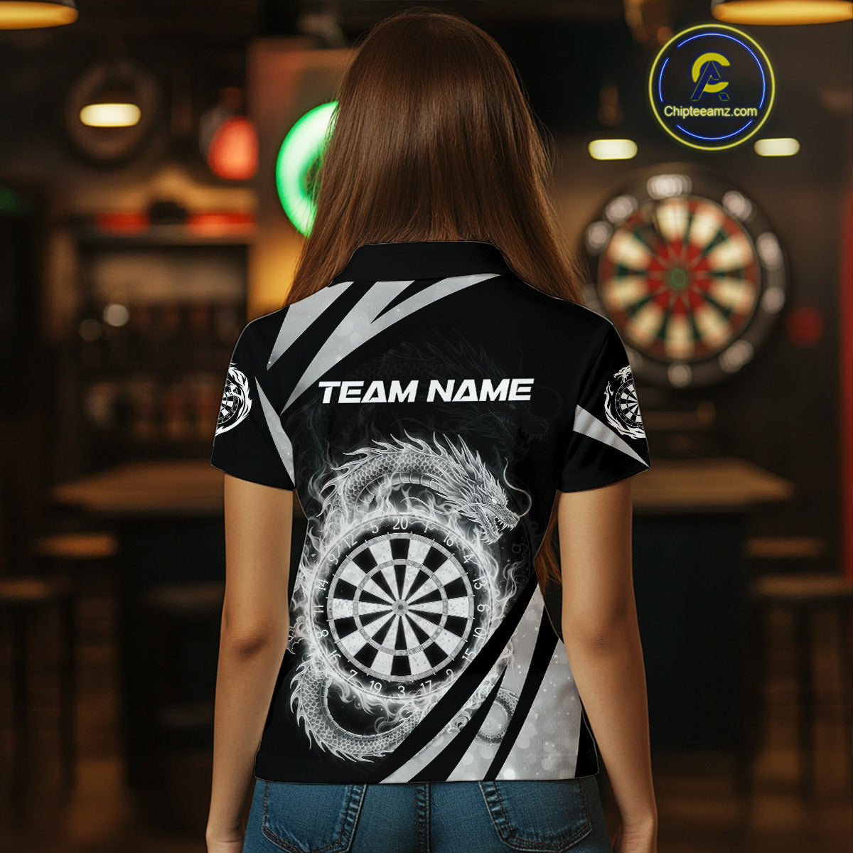 Silver Flames Dragon Dartboard Women Darts Polo Shirt Custom Dragon Team Dart League Shirt NYN2069