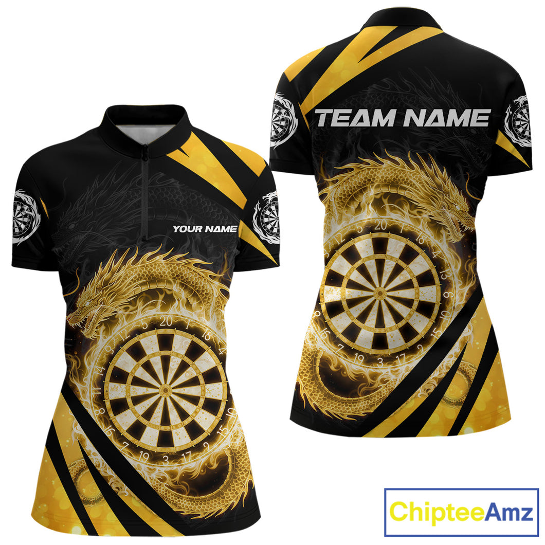 Gold Flames Dragon Dartboard Women Darts Quarter-Zip Shirt Custom Dragon Team Dart League Shirt NYN2068