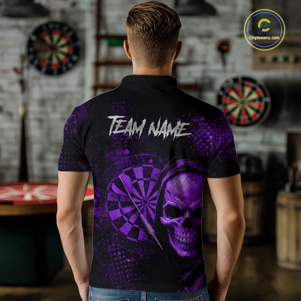 Purple Grunge Skull Dartboard & Arrow Men Darts Polo Shirt Personalized Darts Team Jerseys NYN2596