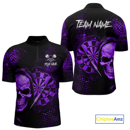 Purple Grunge Skull Dartboard & Arrow Men Darts 1/4-Zip Shirt Personalized Darts Team Jerseys NYN2596