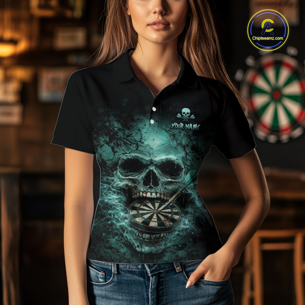 Cracked Grunge Teal Smokes Skull Dartboard Women Darts Polo Shirt Personalized Darts Team Jerseys NYN2598