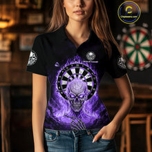 Load image into Gallery viewer, Black Purple Flaming Skeleton Darts Custom Women&#39;s Dart Polo Shirts Team Dart League Jerseys NYN2074