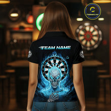 Load image into Gallery viewer, Black Blue Flaming Skeleton Darts Custom Women&#39;s Dart Polo Shirts Team Dart League Jerseys NYN2073