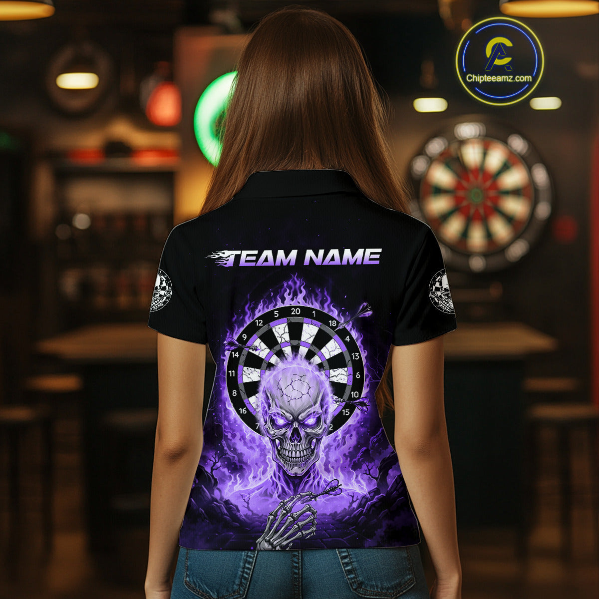 Black Purple Flaming Skeleton Darts Custom Women's Dart Polo Shirts Team Dart League Jerseys NYN2074