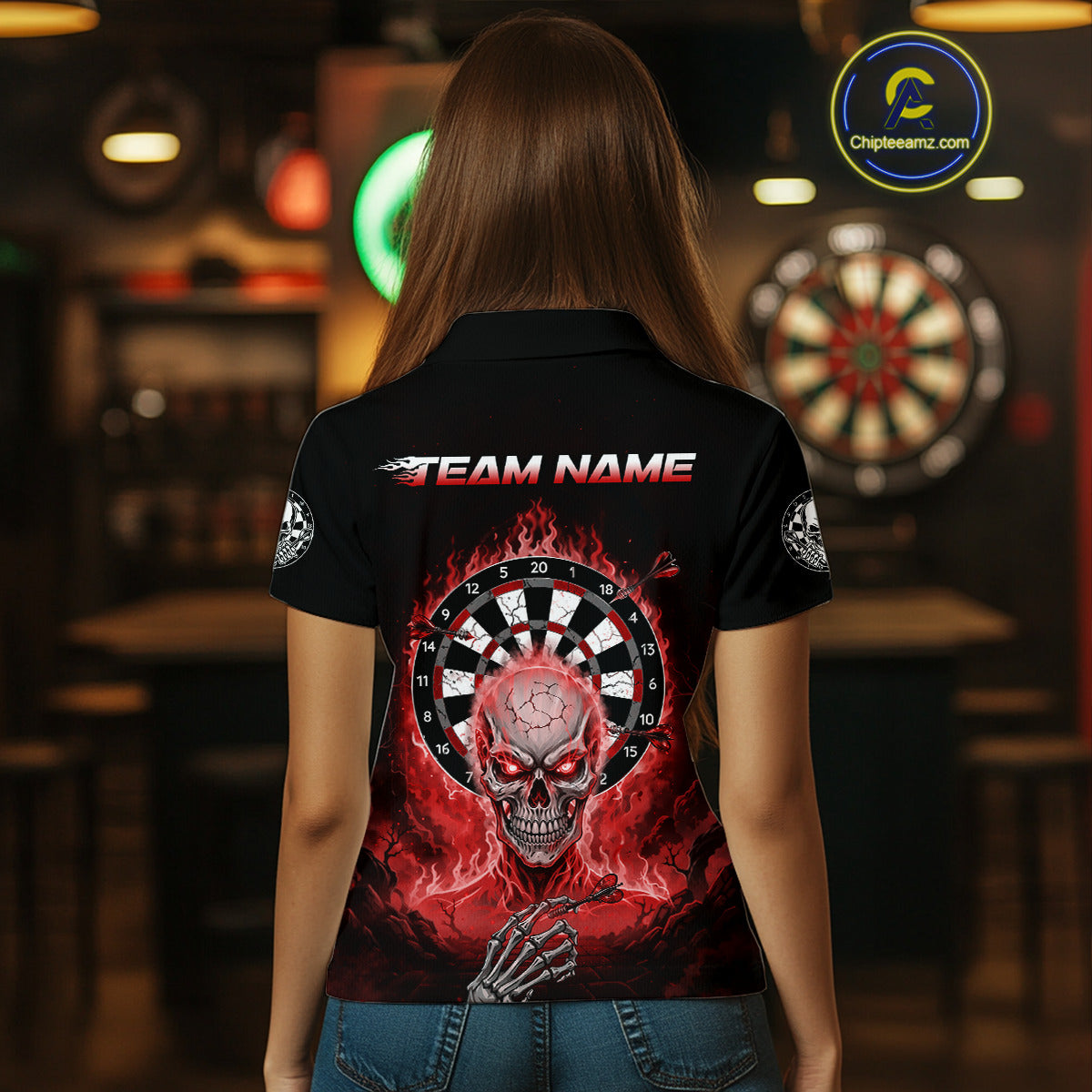 Black Red Flaming Skeleton Darts Custom Women's Dart Polo Shirts Team Dart League Jerseys NYN2075
