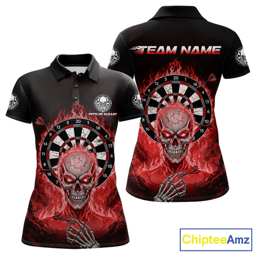 Black Red Flaming Skeleton Darts Custom Women's Dart Polo Shirts Team Dart League Jerseys NYN2075