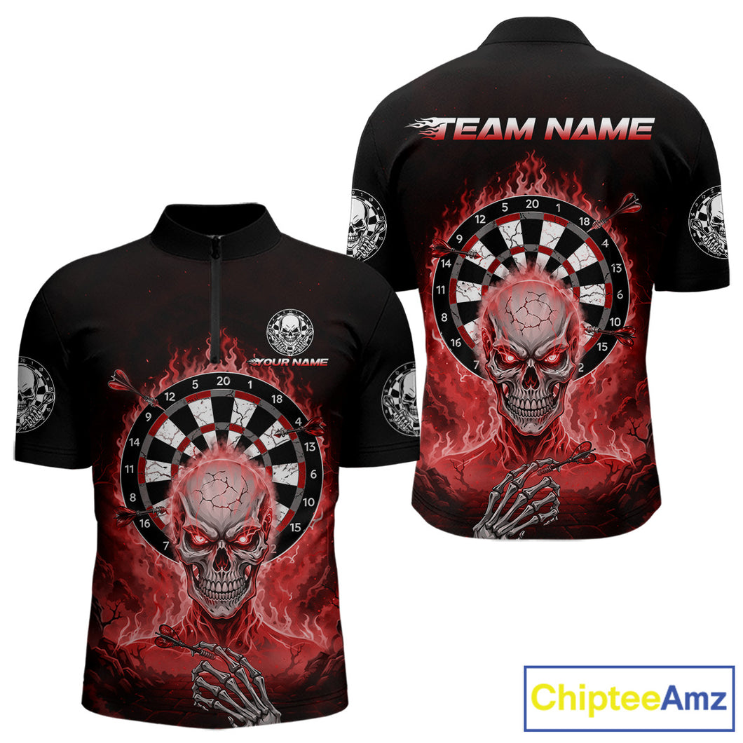Black Red Flaming Skeleton Darts Custom Men's Dart Quarter-Zip Shirts Team Dart League Jerseys NYN2075