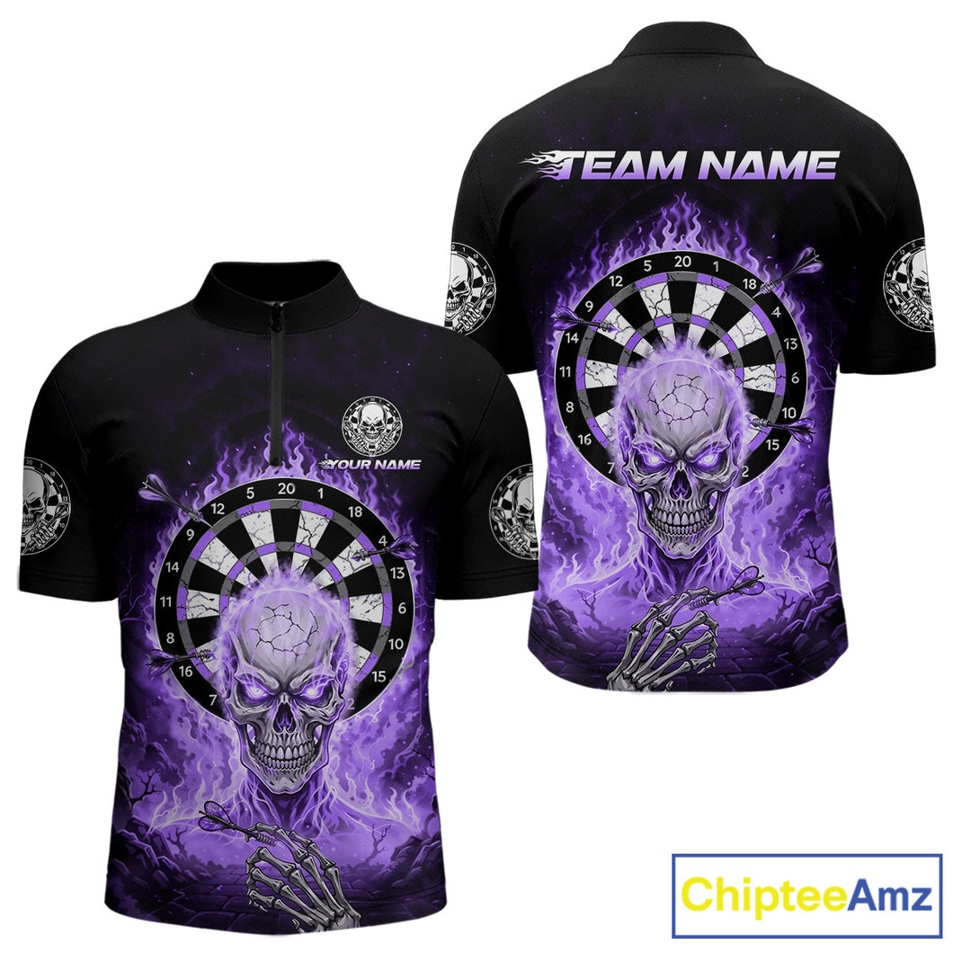 Black Purple Flaming Skeleton Darts Custom Men's Dart Quarter-Zip Shirts Team Dart League Jerseys NYN2074