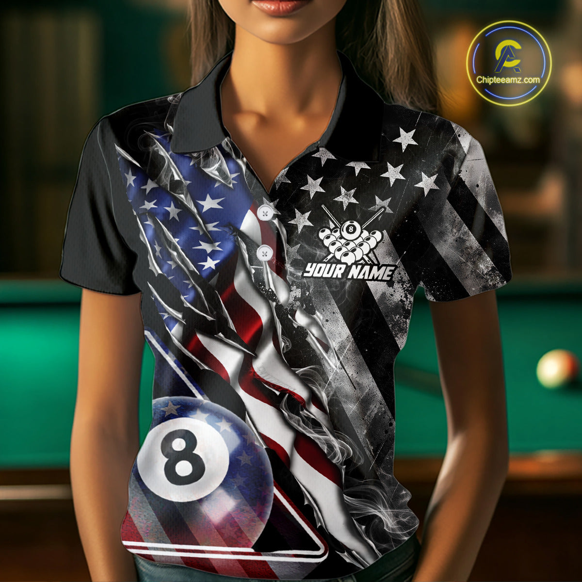 Personalized Smoke US Flag Billiard 8 Ball Pool Shirt For Women Custom Patriotic Billiard Team Appeal NYN2768