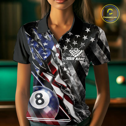 Personalized Smoke US Flag Billiard 8 Ball Pool Shirt For Women Custom Patriotic Billiard Team Appeal NYN2768