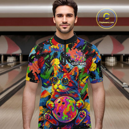 Funny Cat Colorful Paint Bowling Team Jerseys For Men Custom Splatter Bowling Polo 1/4-Zip Shirt NYN3167