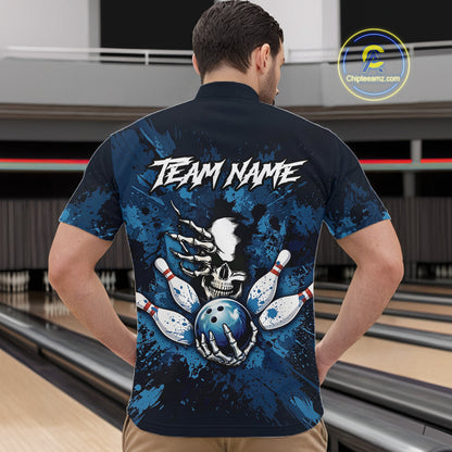 Blue Skelton Torn Bowling Ball & Pin Jerseys For Men Custom Splatter Paint Bowling Team Attire NYN3171