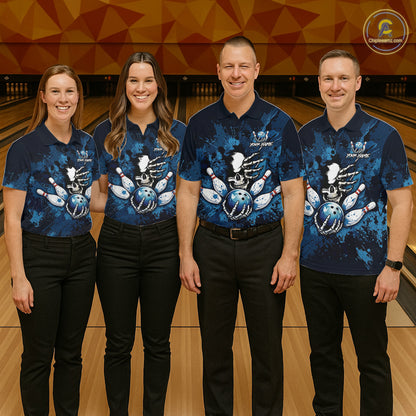 Blue Skelton Torn Bowling Ball & Pin Jerseys For Men Custom Splatter Paint Bowling Team Attire NYN3171