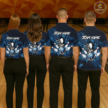 Load image into Gallery viewer, Blue Skelton Torn Bowling Ball &amp; Pin Jerseys For Women Custom Splatter Paint Bowling Team Attire NYN3171