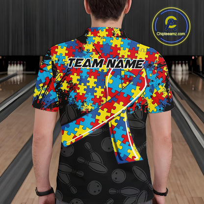 Personalized Colorful Autism Awareness Ribbon Bowling Shirt For Men Bowling Puzzles Team Jersey NYN3173