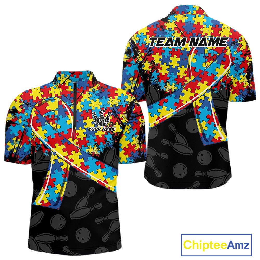 Personalized Colorful Autism Awareness Ribbon Bowling Shirt For Men Bowling Puzzles Team Jersey NYN3173