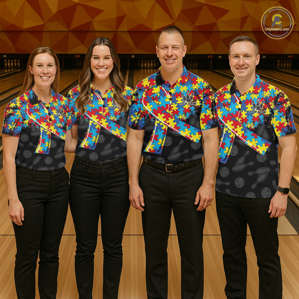 Personalized Colorful Autism Awareness Ribbon Bowling Shirt For Women Bowling Puzzles Team Jersey NYN3173