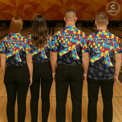 Personalized Colorful Autism Awareness Ribbon Bowling Shirt For Women Bowling Puzzles Team Jersey NYN3173