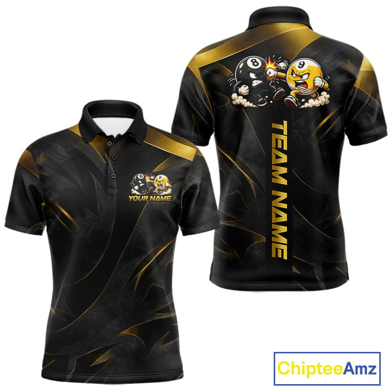 Black Gold Funny 8 Ball & 9 Ball Men's Billiard Polo Shirt, Personalized Tournament Jersey