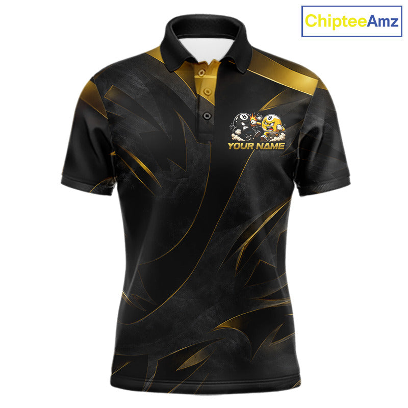 Black Gold Funny 8 Ball & 9 Ball Men's Billiard Polo Shirt, Personalized Tournament Jersey