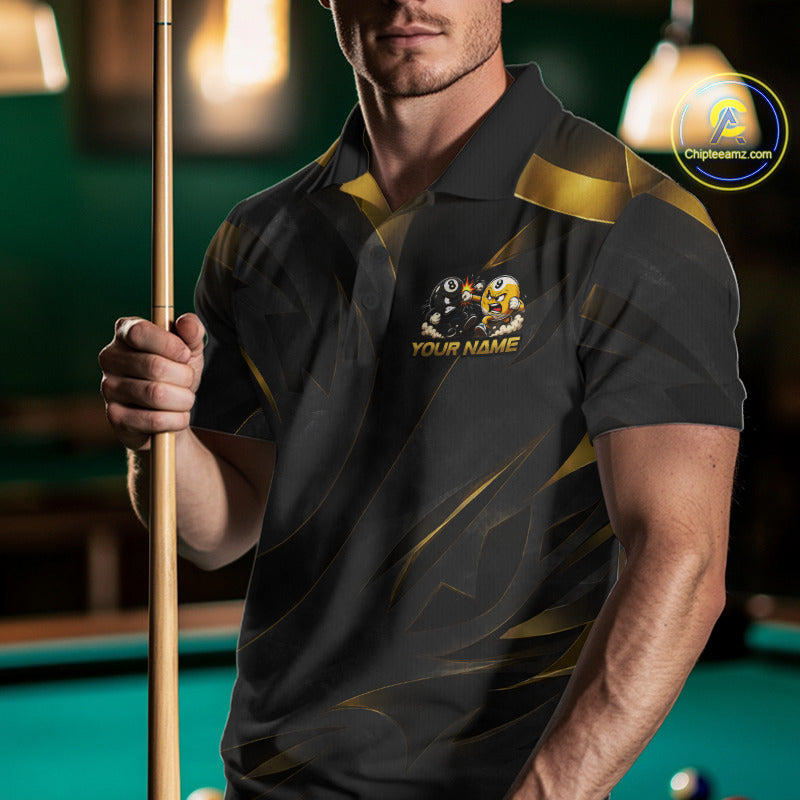 Male model wearing Black Gold billiard polo during competition, personalized luxury pool jersey