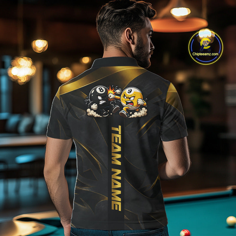 Male model wearing Black Gold billiard polo during competition, personalized luxury pool jersey