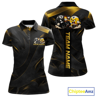 Black Gold Funny 8 Ball & 9 Ball Women's Billiard Polo Shirt, Personalized Pool Team Jersey, Luxury Cue Sports Apparel