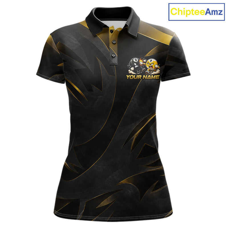 Black Gold Funny 8 Ball & 9 Ball Women's Billiard Polo Shirt, Personalized Pool Team Jersey, Luxury Cue Sports Apparel