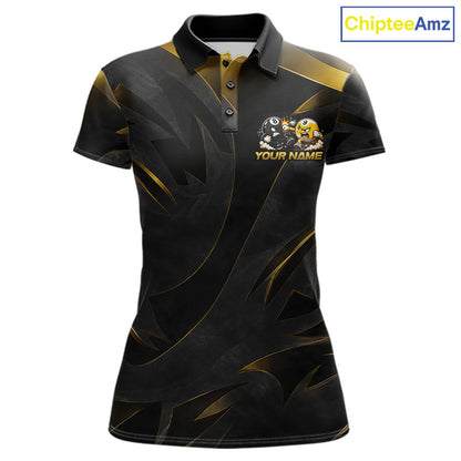 Black Gold Funny 8 Ball & 9 Ball Women's Billiard Polo Shirt, Personalized Pool Team Jersey, Luxury Cue Sports Apparel