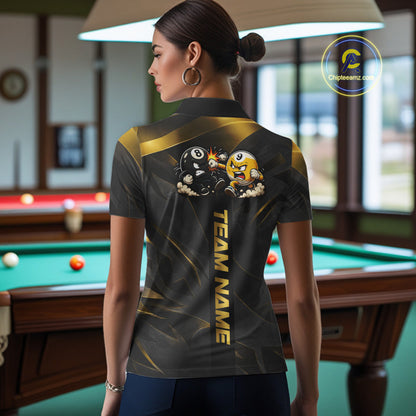 Female model wearing Black Gold billiard polo, premium cue sports apparel, elegant tournament fashion
