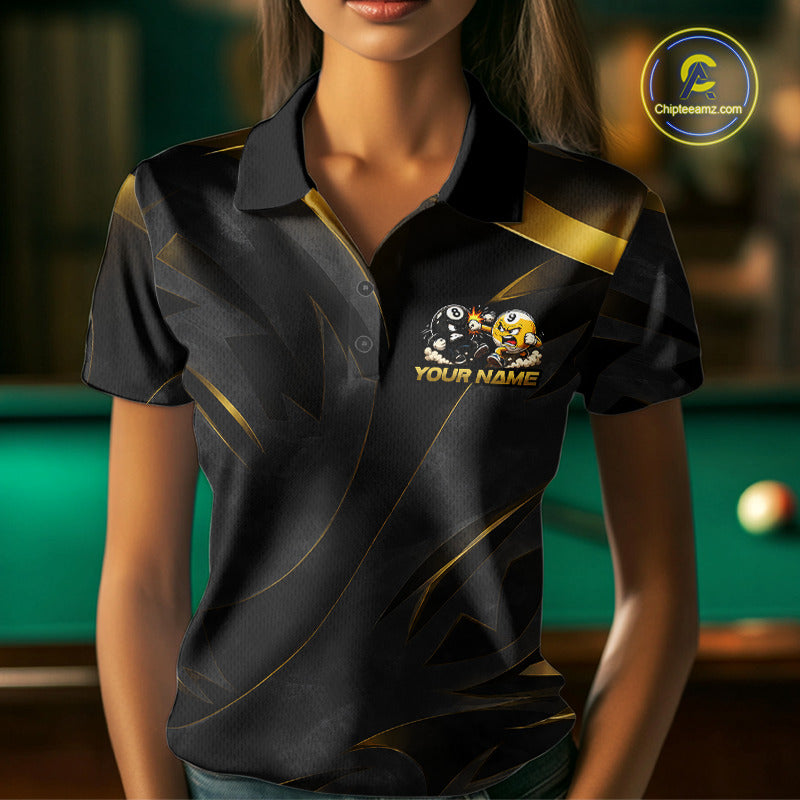 Female model wearing Black Gold billiard polo, premium cue sports apparel, elegant tournament fashion