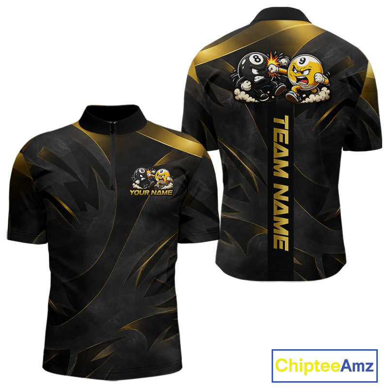Black Gold Men's Quarter-Zip Billiard Shirt, Personalized Pool League Jersey