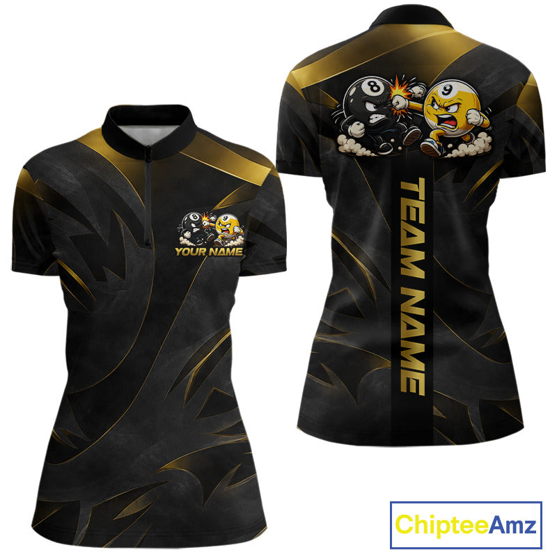 Black Gold Women's Quarter-Zip Pool Shirt, Personalized 8 Ball Tournament Apparel