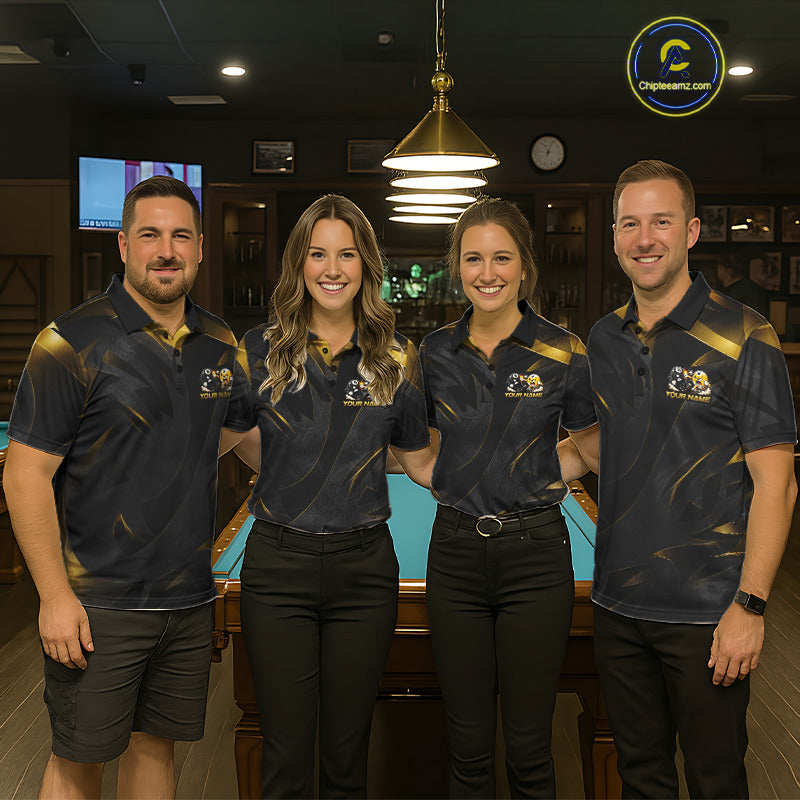 Pool team wearing matching Black Gold billiard jerseys, custom league uniforms, premium sportswear, championship, casino, poker & darts crossover