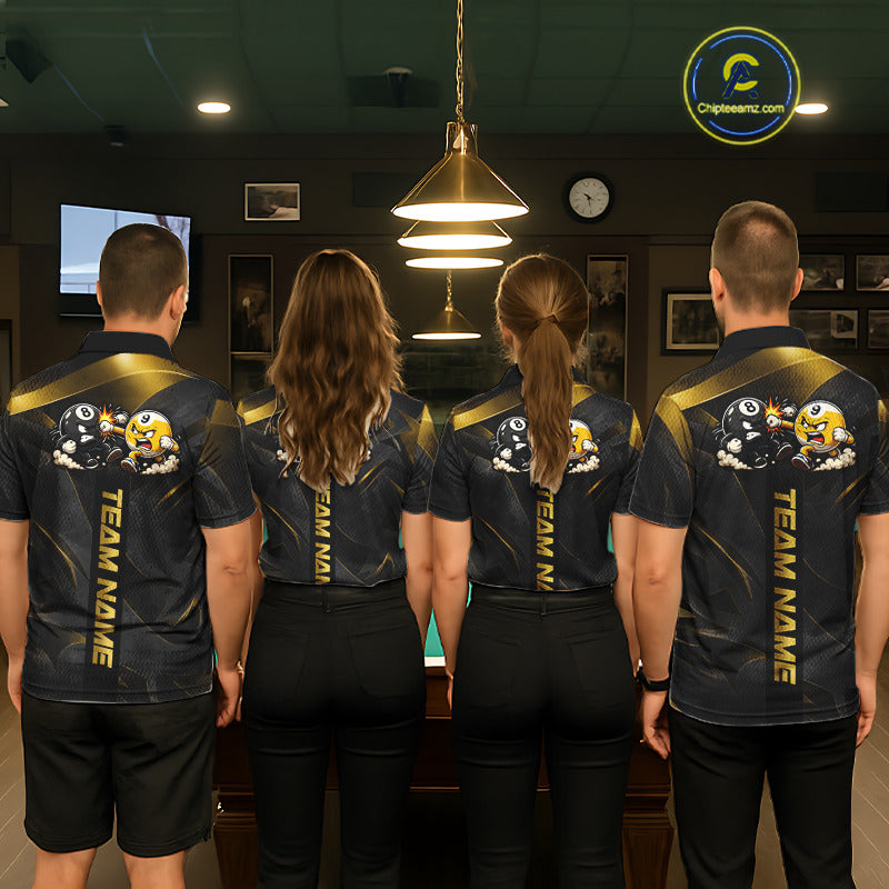 Pool team wearing matching Black Gold billiard jerseys, custom league uniforms, premium sportswear, championship, casino, poker & darts crossover