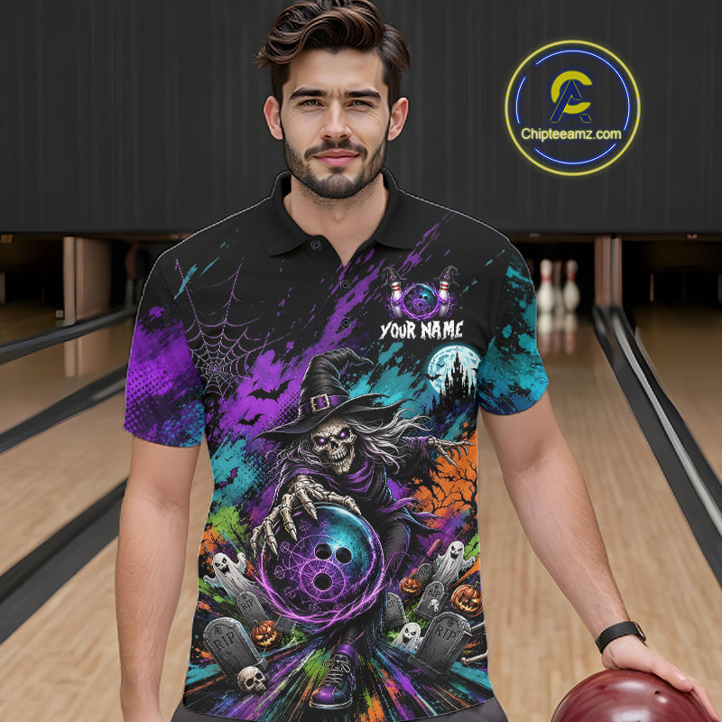 Personalized Halloween Bowling Shirt For Men Custom Skeleton Witch Bowling Jersey Halloween Bowler Gift NYN4329