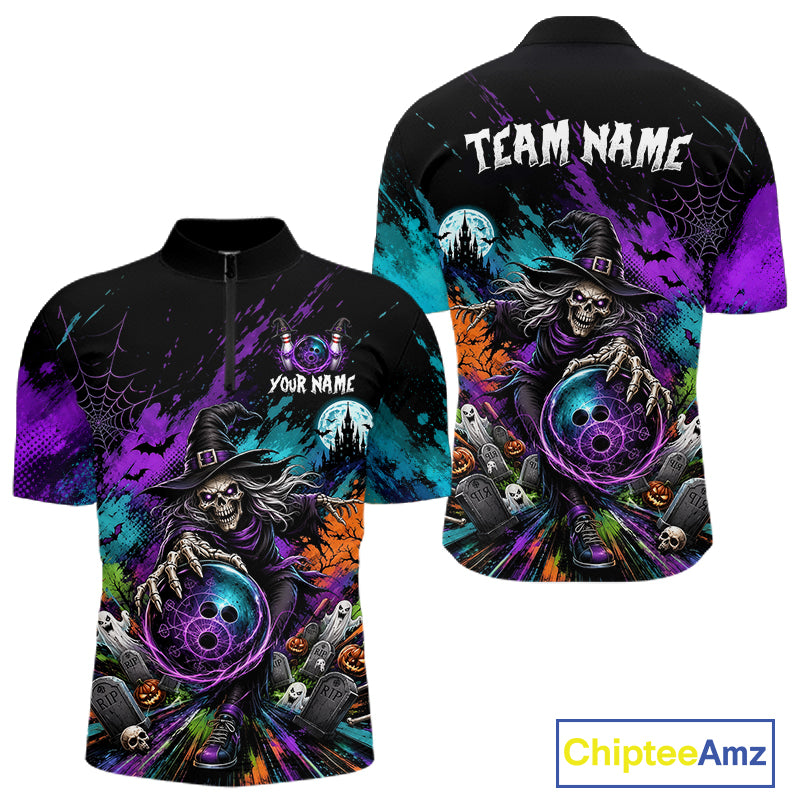 Personalized Halloween Bowling Shirt For Men Custom Skeleton Witch Bowling Jersey Halloween Bowler Gift NYN4329