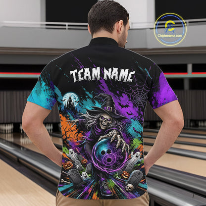 Personalized Halloween Bowling Shirt For Men Custom Skeleton Witch Bowling Jersey Halloween Bowler Gift NYN4329