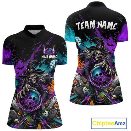 Personalized Halloween Bowling Shirt For Women Custom Skeleton Witch Bowling Jersey Halloween Bowler Gift NYN4329