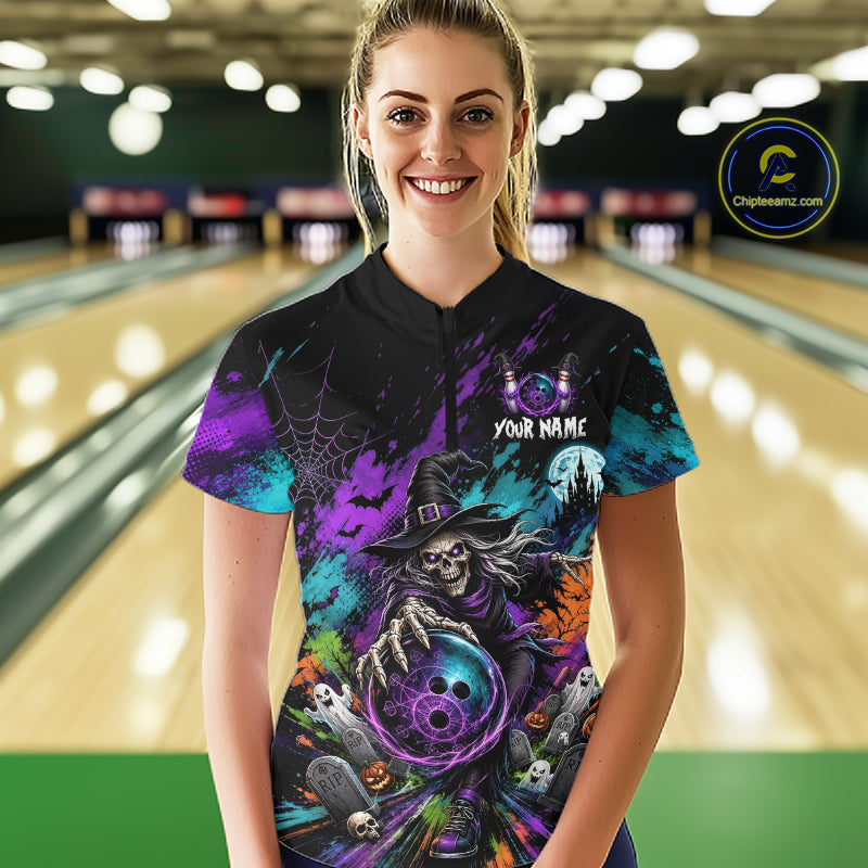 Personalized Halloween Bowling Shirt For Women Custom Skeleton Witch Bowling Jersey Halloween Bowler Gift NYN4329