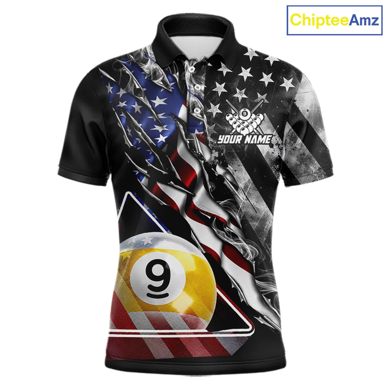 Personalized Smoke US Flag Billiard 9 Ball Pool Shirt For Men Custom Patriotic Billiard Team Appeal NYN4346