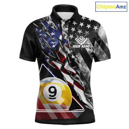 Personalized Smoke US Flag Billiard 9 Ball Pool Shirt For Men Custom Patriotic Billiard Team Appeal NYN4346