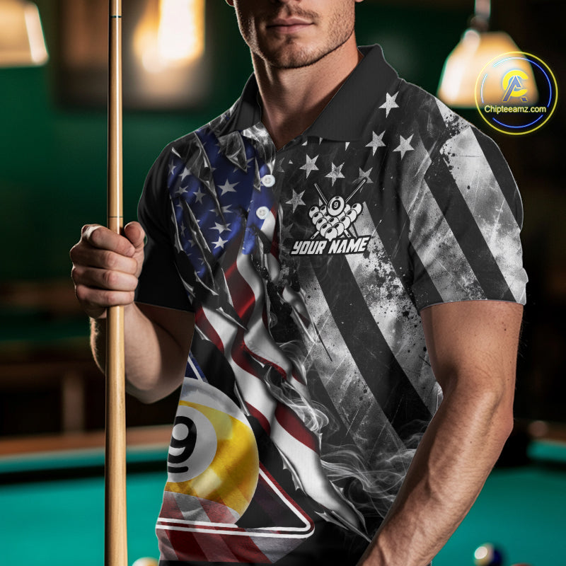 Personalized Smoke US Flag Billiard 9 Ball Pool Shirt For Men Custom Patriotic Billiard Team Appeal NYN4346