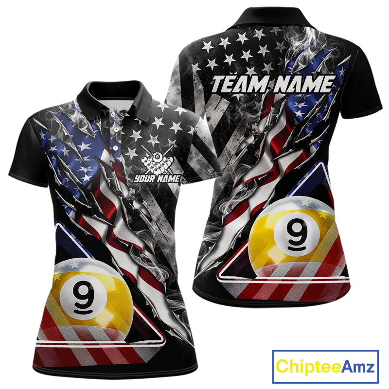 Personalized Smoke US Flag Billiard 9 Ball Pool Shirt For Women Custom Patriotic Billiard Team Appeal NYN4346