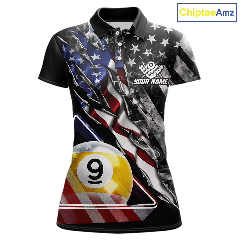 Personalized Smoke US Flag Billiard 9 Ball Pool Shirt For Women Custom Patriotic Billiard Team Appeal NYN4346