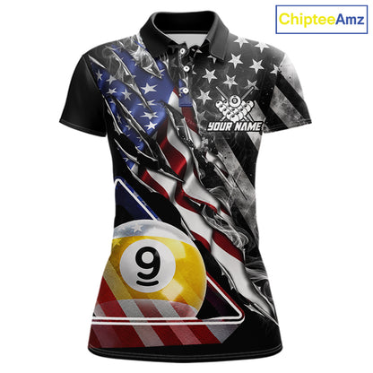 Personalized Smoke US Flag Billiard 9 Ball Pool Shirt For Women Custom Patriotic Billiard Team Appeal NYN4346