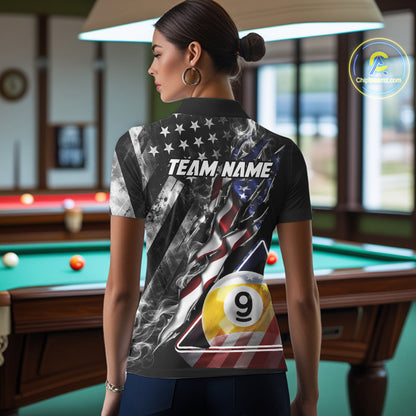 Personalized Smoke US Flag Billiard 9 Ball Pool Shirt For Women Custom Patriotic Billiard Team Appeal NYN4346