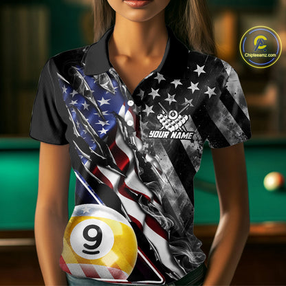 Personalized Smoke US Flag Billiard 9 Ball Pool Shirt For Women Custom Patriotic Billiard Team Appeal NYN4346