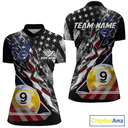 Personalized Smoke US Flag Billiard 9 Ball Pool Shirt For Women Custom Patriotic Billiard Team Appeal NYN4346